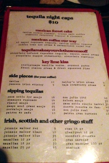 Tequila Night Cap Menu
